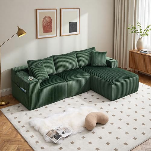 Wyibwy Divano modulare a 3 posti con tasche laterali e portabicchieri,Divano angolare a L con chaise longue e 2 posti,divani componibile con 5 cuscini,divani a compressione,velluto a coste(Émeraude)