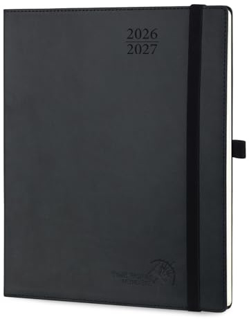POPRUN Kalender 2026 2027 Wochenplaner, ca. A4 Softcover mit PU-Leder | 17-Monate-Terminplaner,(Aug,2026-Dez,2027),1 Woche 2 Seite,ca,A4(25,9 x 21,2cm)(Schwarz)