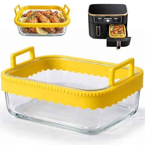 Hivio Auflaufform Airfryer für Ninja Heißluftfritteuse AF400EU/DZ400EU/AF500EU/COSORI Heißluftfritteuse 2 Kammern, Glas Airfryer Zubehör, BPA-frei, Herausnehmbarer Silikonring, Spülmaschinenfest