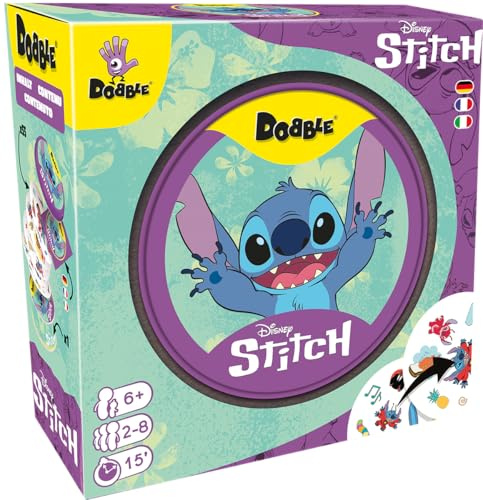Asmodee, Dobble Disney Stitch, Rasantes Familienspiel, Mehrsprachig | Schnelles Reaktionsspiel mit Motiven aus dem Disney-Stitch-Universum für 2-8 Spieler, 15 Minuten, Kartenspiel ab 6 Jahren