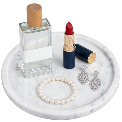 NBEADS 20cm Natural Round Marble Tray, Genuine Marble Stone Vanity Tray Luxury Storage Trays with Anti-Slip Sticker for Jewelry Bathroom Kitchen Home Decor Dresser, WhiteSmoke