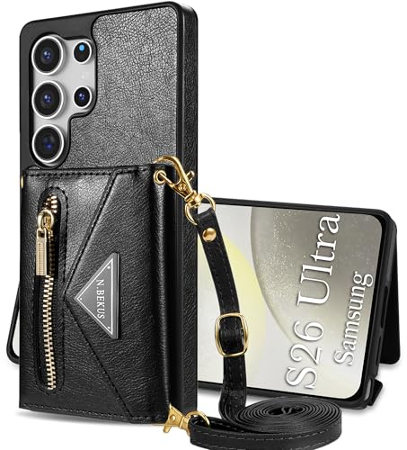 GUVAGI für Samsung Galaxy S26 Ultra Hülle mit Band Handyhülle Case,Leder Klappbar Cover Klapphülle Reißverschluss Stoßfest Schutzhülle Magnet Aesthetic Handy Hülle mit Kette Tasche Umhängen (Schwarz)