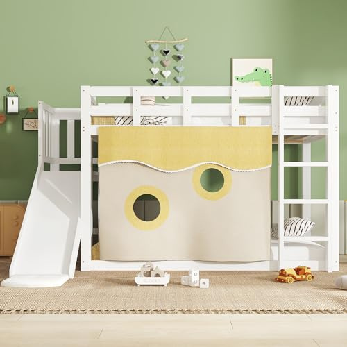 Yihomfy Lit superposé 90x200cm,lit Mezzanine avec Toboggan et échelle,Rideau de lit,barrières de sécurité,Structure en MDF,idéal pour Une Chambre d'ado,Blanc