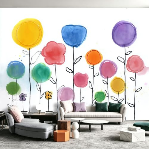 Papel pintado panorámico de graffiti nórdico moderno acuarela jardín pintura colorida flor - Papel pintado no tejido para jardín de niños, dormitorio infantil, taller de bricolaje, vestidor