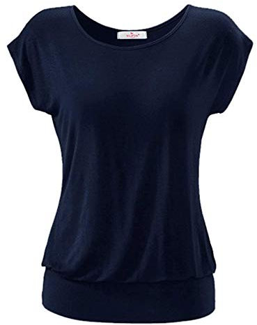 ELFIN Damen T-Shirt Ärmellos Longshirt Kurzarm Lässig Tunika Weite O-Neck Oberteile Sommer Basic Top, Marine, Gr. M