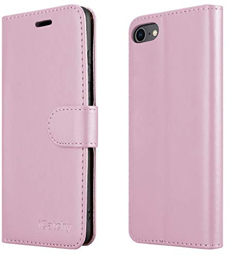 iCatchy For iPhone SE 2022 Case SE 2020 Case, iPhone 8 Case iPhone 7 Case Leather Wallet Book Flip Folio Stand View Case Compatible with iPhone se 2022/2020 Phone Case Cover (Rose Gold)