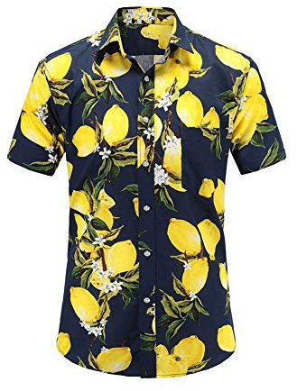 FANSU Herren Hawaiihemd, Herren Urlaub Hawaiihemd 3D Gedruckt Muster Kurzarm Strand Palmen Meer Freizeit Reise Party Hemd (Dunkelblaue Zitrone,L)