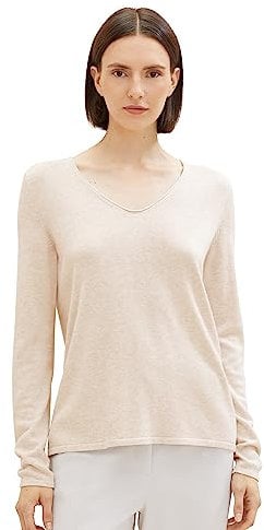 TOM TAILOR Damen Basic Strickpullover mit V-Ausschnitt, 20737 - Desert Sand Melange, L