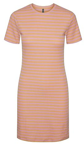 Pieces PCRUKA SS Dress Noos BC Robe, Rose bégonia/Rayures : Orange simulé, S Femme