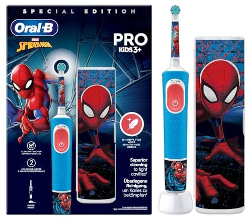 Oral-B Pro Kids Spiderman Elektrische Zahnbürste/Electric Toothbrush, Kinder ab 3 Jahren, inkl. Sensitiv+ Modus für Zahnpflege, extra weiche Borsten, 1 Aufsteckbürste, 1 Reiseetui, 4 Sticker, Blau/Rot