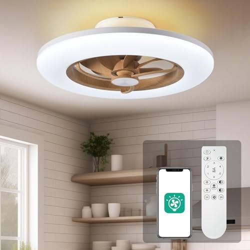CHANFOK Low Profile Ceiling Fan with Light - Modern Flush Mount Enclosed Ceiling Fan 22 LED Dimmable Bladeless Ceiling Fans with Remote Control,Smart 3 Light Color and 6 speeds 7 Blades