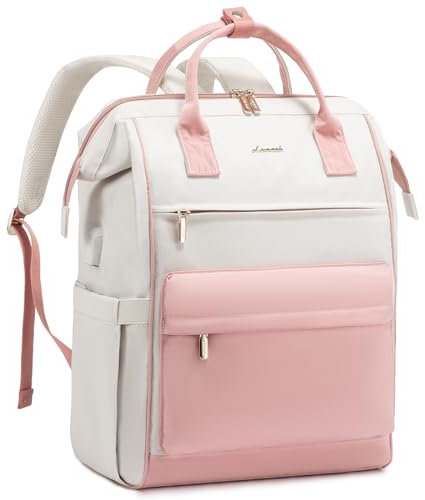 LOVEVOOK Schulrucksack Teenager Mädchen, Schultasche Arbeitstasche Damen mit 15,6 Zoll Laptop-Fach, Wasserdicht Reiserucksack Handtasche Rucksack Mordern für Schule Uni Reise Büro, Beige Rosa