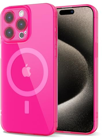 Svanove for iPhone 15 Pro Max Case Clear Compatible with Magsafe, Fluorescent Transparent Magnetic Magnet Mag Case, Slim Thin Bright Silicone Grip & Shockproof Bumper Camera Cover, Neon Hot Pink