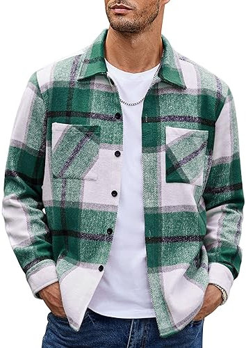 COOFANDY Chemise en Flanelle à Manches Longues pour Homme Veste décontractée à Carreaux avec Poches Vert S
