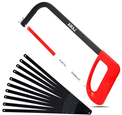 AIRAJ 12 In High-Tension Hacksaw with 24 TPI Bi-metal Blade and 10 Spare Hacksaw Blade,Hand Saw Suitable for Metal, Wood, PVC
