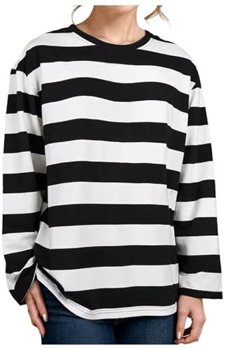 HZMM Crewneck Stripe Women Tshirt Casual Long Sleeve Pullover Tops Oversize Autumn Bottom Shirt Unisex Warm Thin Sweatshirt Plus Size(#03-04, 3XL)