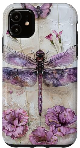 Hülle für iPhone 11 Libelle mit lila Flügeln und rosa Blumen