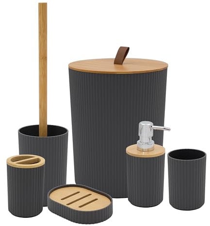 Anika Bathroom Accessory Set/Modern Bathroom Essentials Set/Includes Toothbrush Holder, Waste Bin, Toilet Brush, Cup, Soap Dish and Soap Dispenser (Grey)
