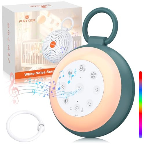 FUNYKICH Máquina de Ruido Blanco Portátil 24 Sonidos Máquina de Domir para Bebé con Función de Memoria y Grabación Luz nocturna y Luz Coloridos Brillo Ajustable Batería Recargable