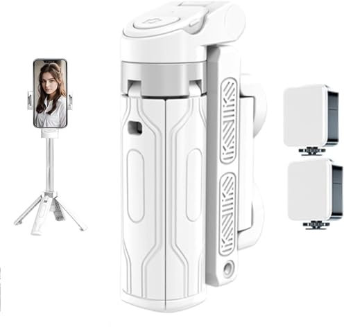 Pocketflex Mini Tripod, Tripod JJ02 Pocketflex, Extendable Grip Phone Tripod with Detachable Remote, 360° Rotation Adjustable One-Touch Push Button Switch (White+2 fill lights)