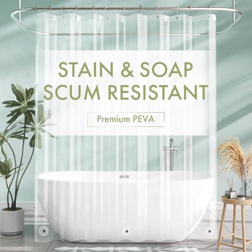IGINOA Cortina de Ducha de Transparente Color Blanco Antimoho Baño Modernas Shower Curtain Tela Resistente al Agua con Diseño de Ojales Magnéticos