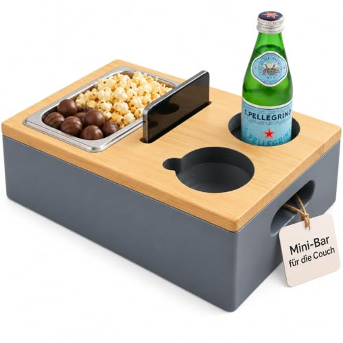 MIJOMA Couchbar Snackbox – Sofa Organizer & Tablett mit Getränkehalter, Edelstahlschale & Handyfach – Aufbewahrungsbox aus Holz für Couch, Bett & Wohnraum (Schiefergrau, Kompakt)