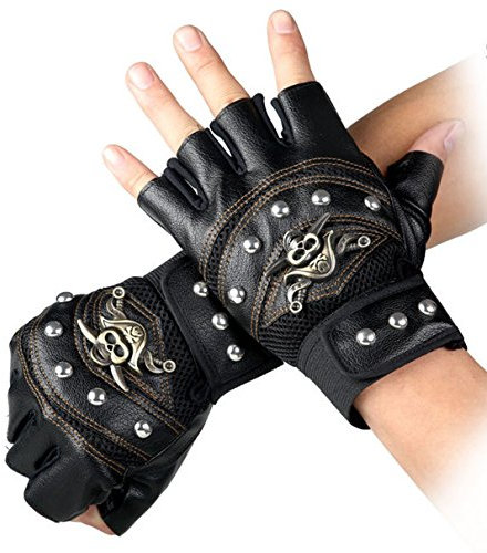 Coolwife Steampunk Gothic Handschuhe Herren Geuuine Leder Captain Fingerless Fäustlinge (B Schwarz)