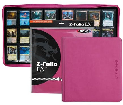 BCW Z-Folio LX Zipper Portfolio - Premium Pink Leatherette 12 Pocket Playset Album - Secure Zipper - 480 Card Capacity - Card Collector's Dream - Card Organizer - Trading Card Storage