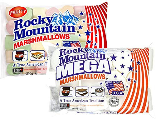 Rocky Mountain Marshmallows Probierset Fruity & Mega, bunte traditionell Amerikanische Süßigkeiten zum Rösten am Lagerfeuer, Grillen oder Backen, Fruchtgeschmack, (1x300g, 1x340g)
