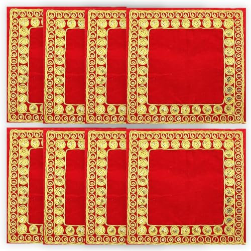 Bhakti Lehar (12,7 x 12,7 cm) kleiner bestickter roter Samt, Pooja Aasan Tuch für Gott Idol, Zari-Design, Samt, Chowki Assan Kapda für Zuhause, Mandir, Tempelregal und Gott Idol sitzend, 8 Stück