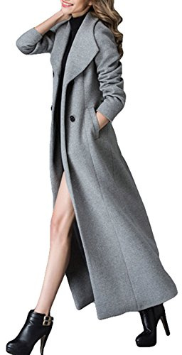 PLAERPENER Manteau en laine de cachemire pour femme avec col en fausse fourrure - Hiver chaud, épais, double boutonnage, long, gris, 34