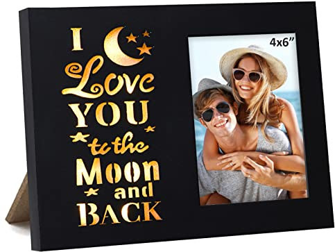 Newbyst 4 x 6 Liebes-Bilderrahmen aus Holz für Paare – Schwarzer Fotorahmen, I Love You to The Moon and Back“, Paare-Geschenke, Liebesgeschenke, leuchten für Freund, Freundin, Sie und Ihn