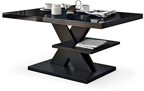 Viosimc Couchtisch Hochglanz Schwarz, Moderner Wohnzimmertisch Beistelltisch mit 1 Ablage. Sofatisch Kaffeetisch Schwarz mit Hochglanz-Tischplatte, Modern Schwarzer Mitteltisch 90x60x45cm