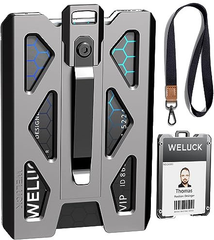 WELUCK Ausweishalter, robuster Aluminium-Ausweishalter, Geldbörse mit Umhängeband und Metallclip, 4 Karten/Ausweishalter, für Büro, Arbeit, Polizei, Outdoor-Geschenk (Grau01)