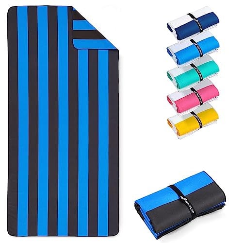 Fit-Flip Strandtuch XXL - Mikrofaser Badetuch - Strandtücher leicht und schnelltrocknend - 100% recyceltes Mikrofaser Handtuch - Strandhandtuch zum Baden (Blau-Dunkelgrau gestreift 200x90cm)