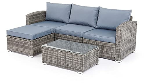 Mondeer 5-TLG Polyrattan Gartenmöbel Set, Gartengarnitur Garten-Set Sitzgruppe, Modulare Kombination, Grau, Terrasse, Abnehmbares, Waschbares Kissen, Gehärtetes Glastisch, Garden Set Balcony Set