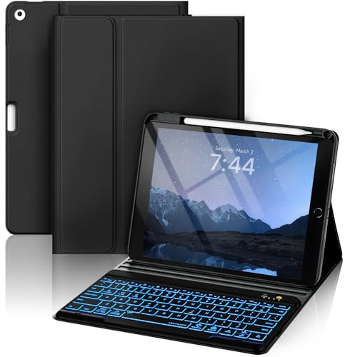 OYEEICE Keyboard case for iPad 9.7 inch, iPad 6th Gen (2018), iPad 5th Gen (2017), iPad Air 2 (2014) - 7 Color Backlit Wireless Keyboard with Pencil Holder for iPad 6th/5th Pro 9.7'' Air 2/1 - Black