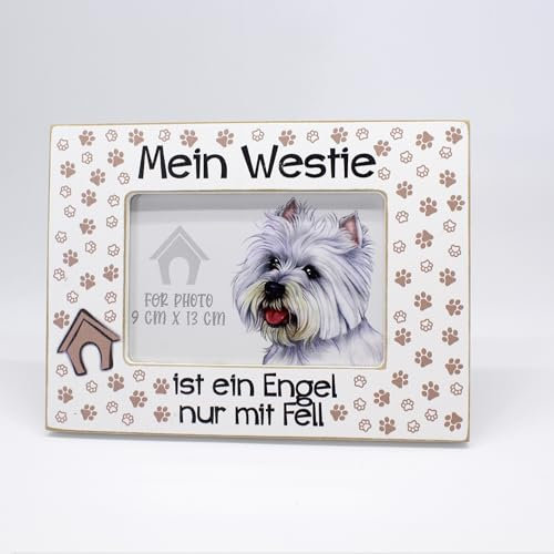 power gift Bilderrahmen mit WESTIE Spruch. WEST HIGHLAND WHITE TERRIER Rahmen mit Hunde Motiv. Foto, Fotorahmen aus Holz zum Aufstellen oder Aufhängen. Geschenk für jeden Hundeliebhaber.