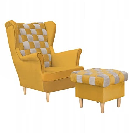 Family Meble Ohrensessel mit Hocker Scandinavian Modell Carol Duo | Elegante Polsterung mit Flechteffekt | Zwei Stofffarben | Klassisches Design | Bequemer Sessel zum Entspannen | Holzbeine