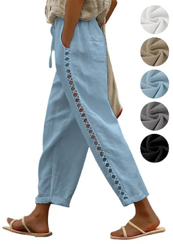 Puimentiua Sommerhose Damen Leicht,Sommer Leinenhose,7/8 Weiße Hose,Luftig Sommerhosen,High Waist Linen Pants,Elegant Stoffhose,Lockere Ausgehöhlt Hosen mit Tunnelzug und Taschen (Himmelblau,L)