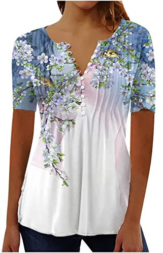 AMhomely Shirts Blouse Elegant Vinatge Button White Blouse Floral Print Tunic Tops Short Sleeve V Neck Teen Lightweight Breathable Sportawear Activewear Undershirts, Light Blue 6, XXL