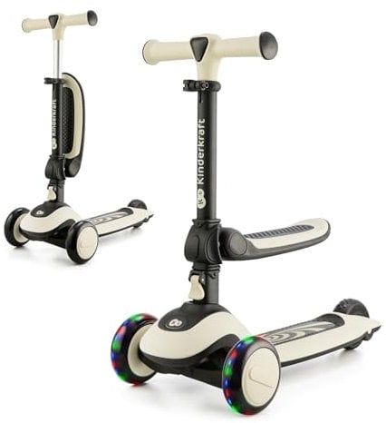 Kinderkraft Halley Scooter 2 in 1, Kinderroller ab 1 Jahr bis zu 50 kg, Tretroller, Dreirad Roller mit Klappbar Sitz, LED Räder, Höheverstellbare Lenker, Zusammenklappen, Modernes Design, Weiß