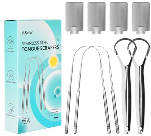 Y-Kelin 4 raspadores de lengua de acero inoxidable con ganchos, raspadores de lengua de metal para adultos, para cuidado bucal, aliento fresco y lengua limpia (forma de U y tipo abierto)