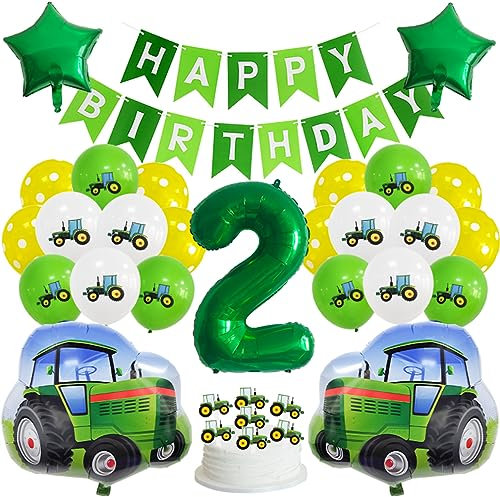 Guoguonb Grün 2 Jahre Traktor Geburtstag Deko Happy Birthday Banner Zahlenballon 2 Folienballon Bedruckte Ballons Traktor Tortendekoration für Kindergeburtstag Partyset Dekoration