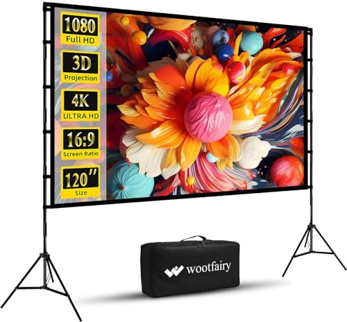 wootfairy Écran de Projection de 120 Pouces avec Support, Pliable et Portable, écran de Projection 16:9 4K HD arrière Avant sans Plis avec Sac de Transport pour intérieur et extérieur, cinéma Maison