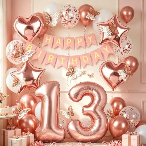 13th Birthday Decorations for Girls, Rose Gold 40 Inch Number 13 Foil Birthday Balloons with Happy Birthday Banner and Butterfly Stickers