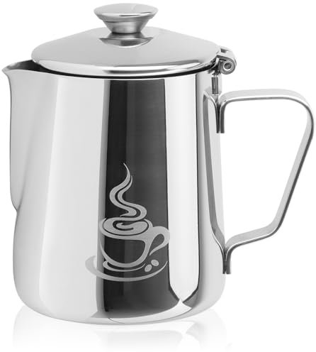 COM-FOUR® 350 ml Milchkännchen mit Deckel - Edelstahl Milchkanne - Milch aufschäumen - Milchaufschäumer Kännchen - Milchschaumkännchen mit Messskala - Barista-Zubehör
