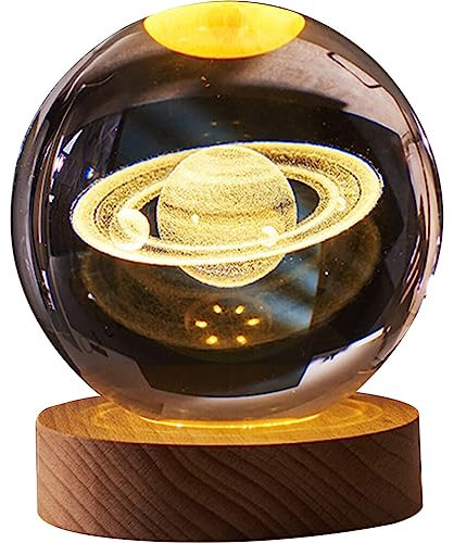 Hemobllo 3D Kristallkugel Nachtlicht - Kristallkugel Lampe Mit Holzsockel 3D Nachtlicht Glas Planeten Lampe Kugellampe für Schreibtisch Schlafzimmer Dekoration Geburtstagsgeschenk, Saturn