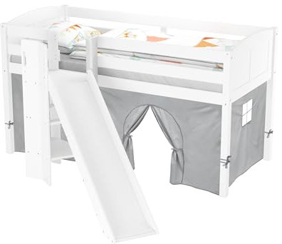 Erst-Holz®Schönes Spielbett für Kinder mit Rutsche 90x200 Kiefer weiß V-60.21W-09mit Matratze und Vorhang grau