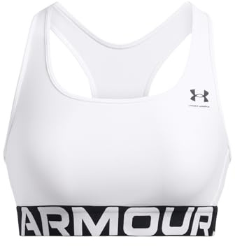 Under Armour Women's Heat Gear Mid Branded, Medium-Support Sports Bra with 4-Way Stretch Material, Gym Bra with Double-Lined Coverage,White / / Black,LG